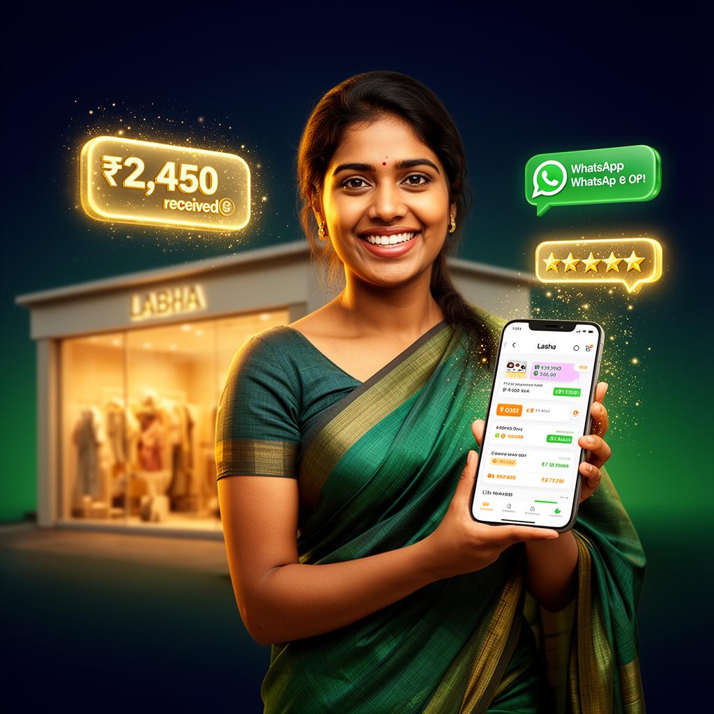 Indian woman entrepreneur with LABHA store dashboard